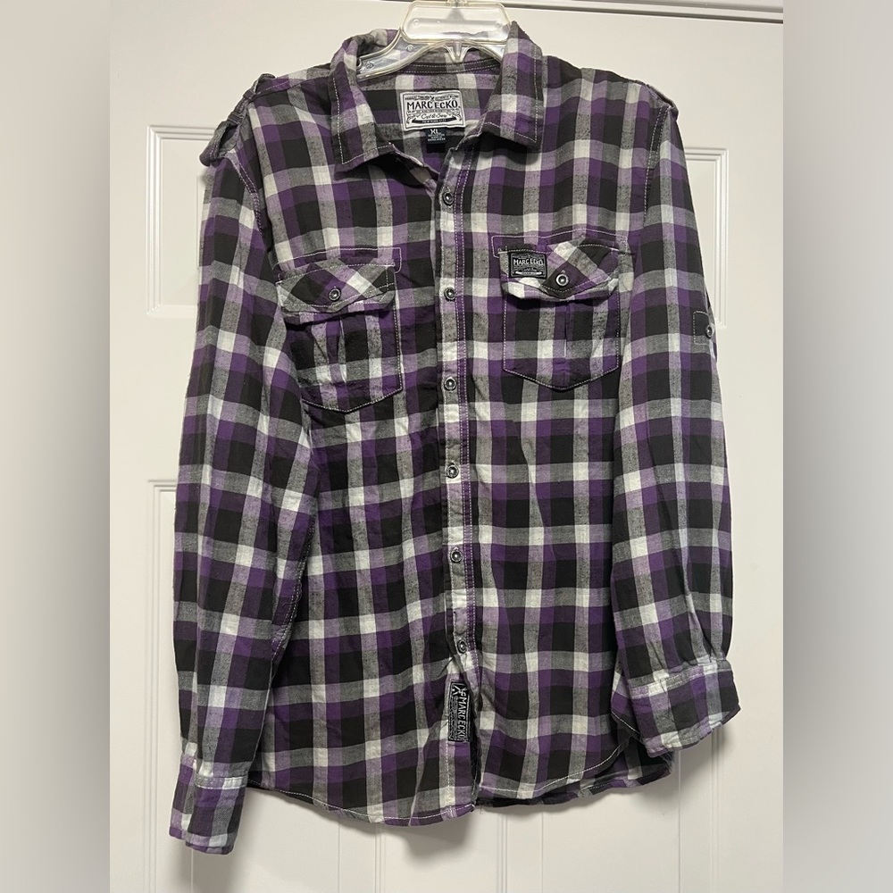 Marc Ecko Cut & Sew Long Sleeve Button Up Purple Black Plaid Shirt Mens Sz XL